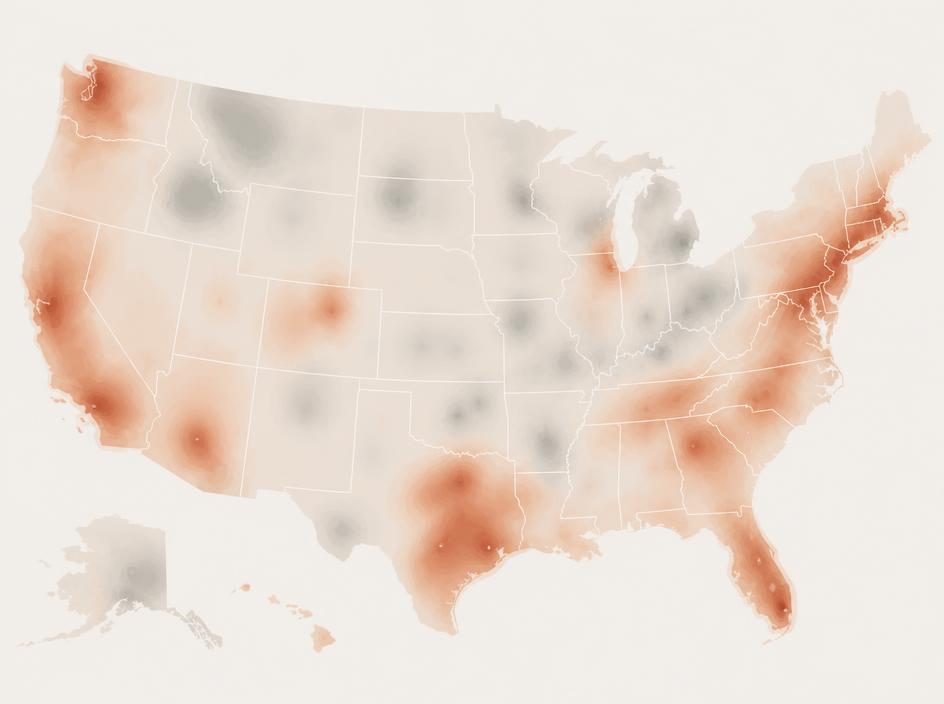 Heat map showing demographic density shifts across the United States